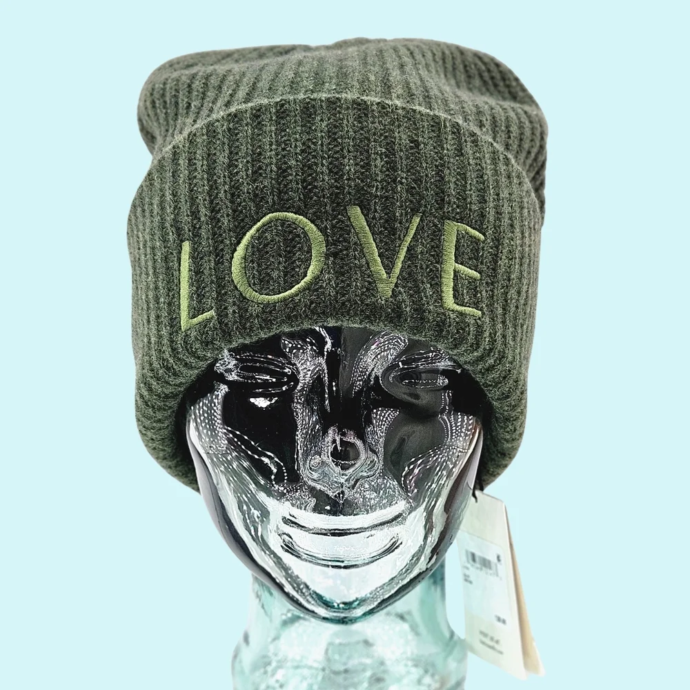 LITA by Ciara Hat Beanie Olive 100% Recycled Cashmere Love Embroidered Cottage